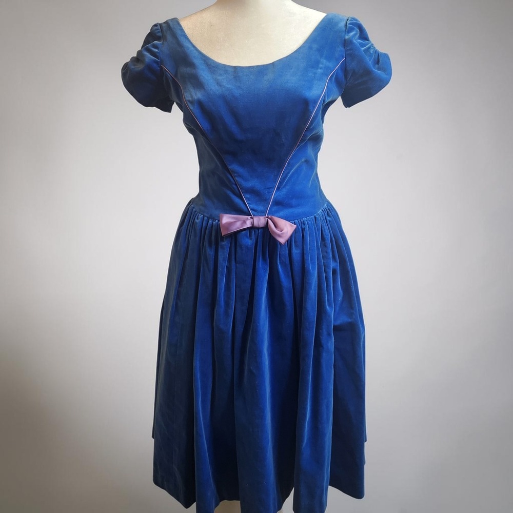Vintage 60s Joytime Royal Blue Velvet Dress Bow Accent Conmar Metal Zipper XS